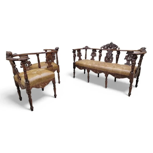 Antique Italian Renaissance Revival Carved Tufted Tete-a-Tete Settee Newly Reupholstered in Leather For Sale - Image 10 of 10