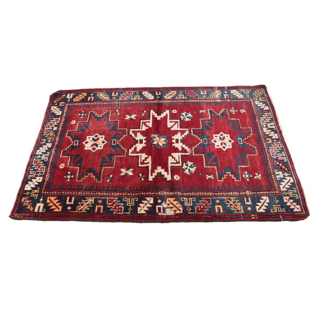 Red & Blue Vintage Caucasian Rug For Sale - Image 4 of 7