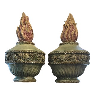 Pair of Late 20th Century French Glazed Ceramic Flaming Urns on Stand For Sale
