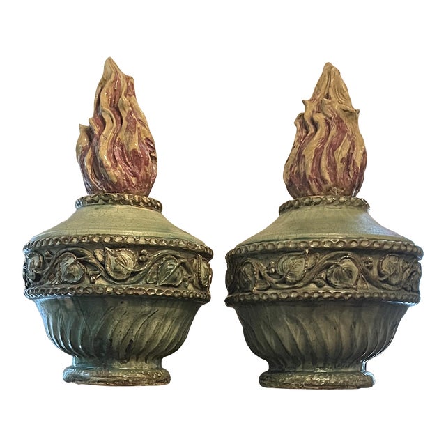 Pair of Late 20th Century French Glazed Ceramic Flaming Urns on Stand For Sale