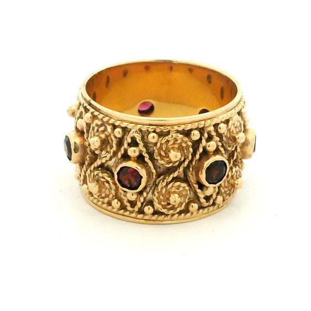Vintage 1970s Etruscan Revival 14k Gold Ruby Wide Band Ring, Size 7.5 For Sale - Image 4 of 10