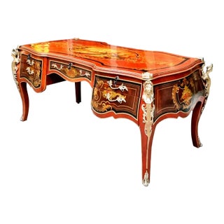 French Rococo Executive Desk – Ornate Wood Desk With 5 Drawers, Gold Leaf & Bronze Details For Sale