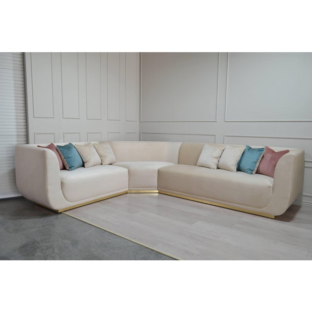 Beige Cream L-Shaped Sectional Sofa with Gold Base and Velvet Cushions from Kabinet For Sale - Image 8 of 11