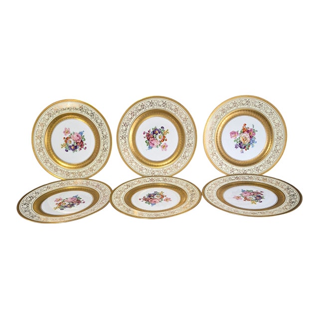 Vintage (Art B China) Elegant Heavily Gilded Floral Center 10.5'' Dishes - Set of 6 For Sale