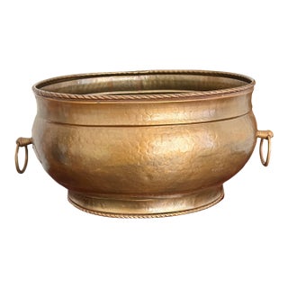 Large Vintage Hammered Brass Cauldron Planter With Rope Twist Rim For Sale