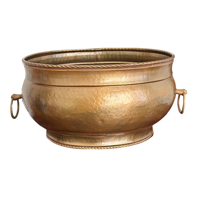 Large Vintage Hammered Brass Cauldron Planter With Rope Twist Rim For Sale