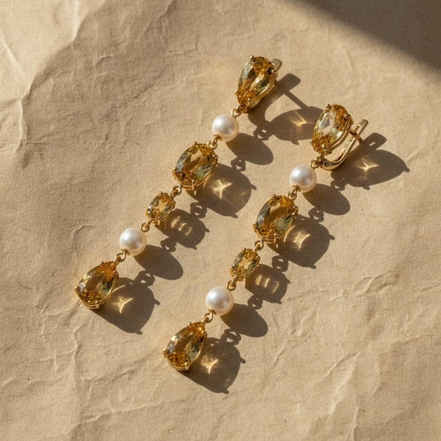 Modern Citrine & Pearl Drop Multi-Shape Earrings, Silver, Gold, Pair For Sale - Image 3 of 8