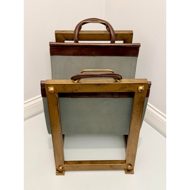 Brass Pottery Barn Industrial Fireplace Tool Set & Canvas Log Carrier With Iron Stands For Sale - Image 8 of 10