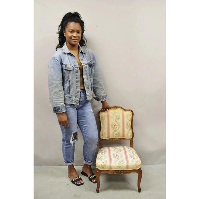 Vintage French Louis XV Style Small Boudoir Accent Side Chair w/ Pink Stripes. Item features a small petite size, solid...