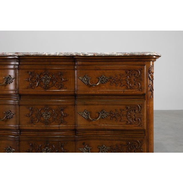 Wood 18th Century Louis XV Oak and Marble Chest of Drawers, France For Sale - Image 7 of 16