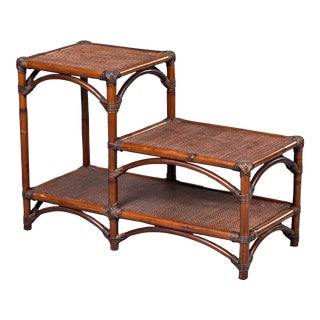 Mid Century Two Tier Rattan and Grass Cloth Side Table For Sale