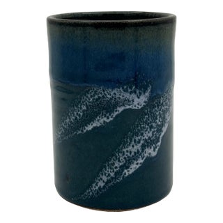 Vintage Signed Studio Pottery Ocean Wave Vase / Utensil Cup – Blue Gray Glaze, 5” For Sale