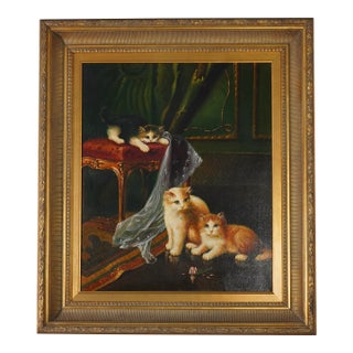 Framed Oil on Canvas Painting of Cats For Sale