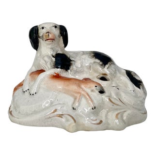 Staffordshire Ceramic Inkwell Spaniel and Fox For Sale