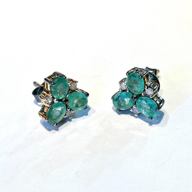 Bochic “Orient” Vintage Emerald & Rose Cut Diamond Earrings Set 18K Gold & Silver Natural Emeralds 6 carat Natural Rose...