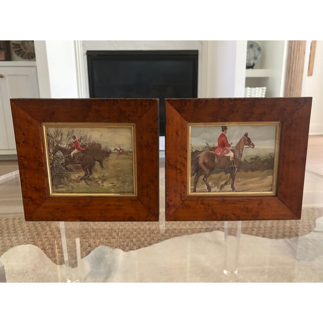 Late 19th Century English Fox Hunt Sporting Pictures in Antique Bird's Eye Maple Wood Frames - A Pair For Sale - Image 5 of 18