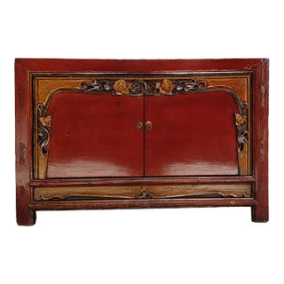 1920s Antique Red Cabinet With Carved Border Doors For Sale