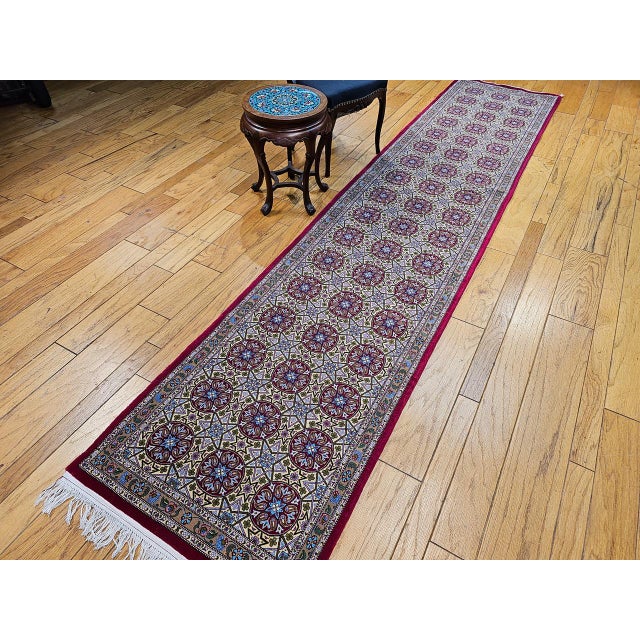 1900 - 1909 Vintage Persian Qum Runner Rug, Hand-Knotted Wool, Allover Geometric Pattern, 3x13, Tan & Red For Sale - Image 5 of 14