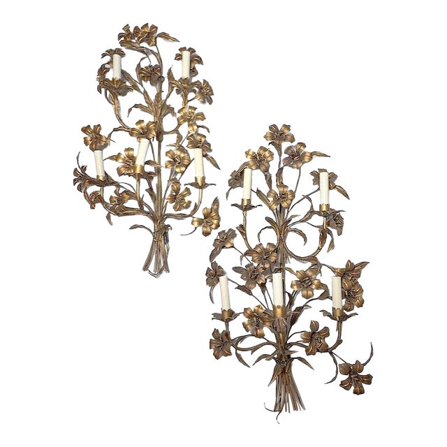 Late 20th Century Gilt 5 Light Tole Sconces Pair For Sale
