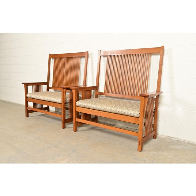 Mission Stickley Mission Oak Arts & Crafts Spindle Benches or Settees, Pair For Sale - Image 3 of 14