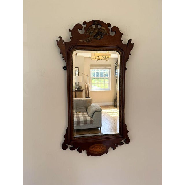 Wood Large Antique Edwardian Inlaid and Gilt Mahogany Fretted Wall Mirror, 1900 For Sale - Image 7 of 7
