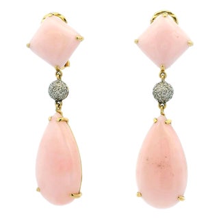 Vintage 1980s 18k Gold Pink Coral and Diamond Drop Earrings, Pair For Sale