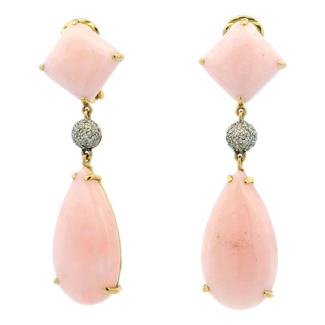 Vintage 1980s 18k Gold Pink Coral and Diamond Drop Earrings, Pair For Sale