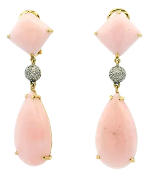 Vintage 1980s 18k Gold Pink Coral and Diamond Drop Earrings, Pair