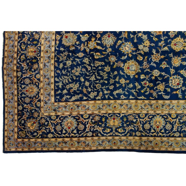 Persian 1960s Vintage Persian Kashan Handmade Blue Wool Rug With Floral Pattern For Sale - Image 3 of 7