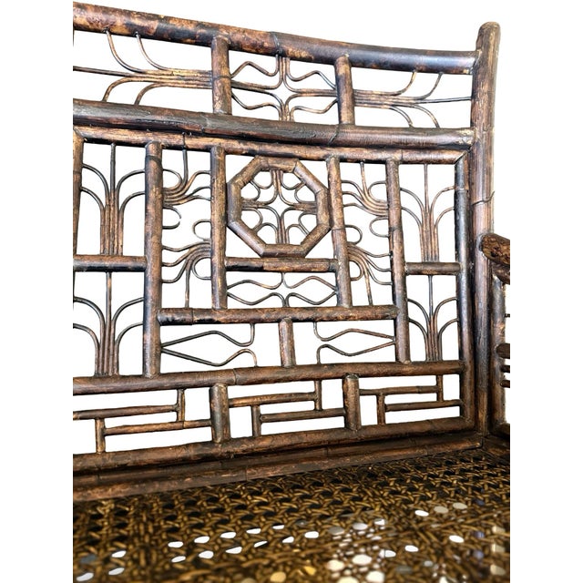 Brighton Pavilion Vintage Brighton Chinoiserie Bamboo Bench With Cane Seat | Chinese Chippendale Fretwork For Sale - Image 4 of 8