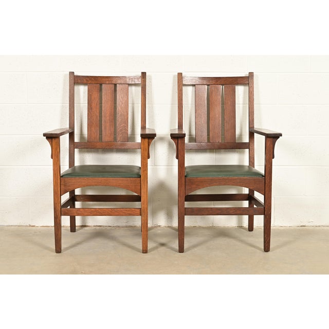 Mission Gustav Stickley Harvey Ellis Antique Mission Oak Arts & Crafts Armchairs, Pair For Sale - Image 3 of 13