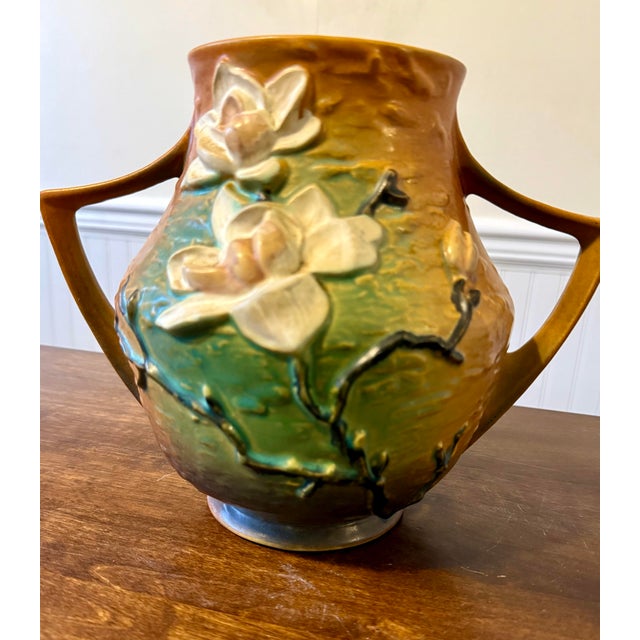 American Mid 20th Century Roseville Magnolia Terra Cotta Vase For Sale - Image 3 of 12