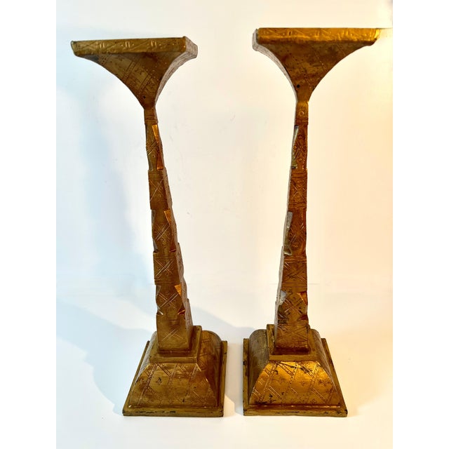 Art Deco Pair of Gilt Bronze Candle Holders with Etching Design For Sale - Image 3 of 7