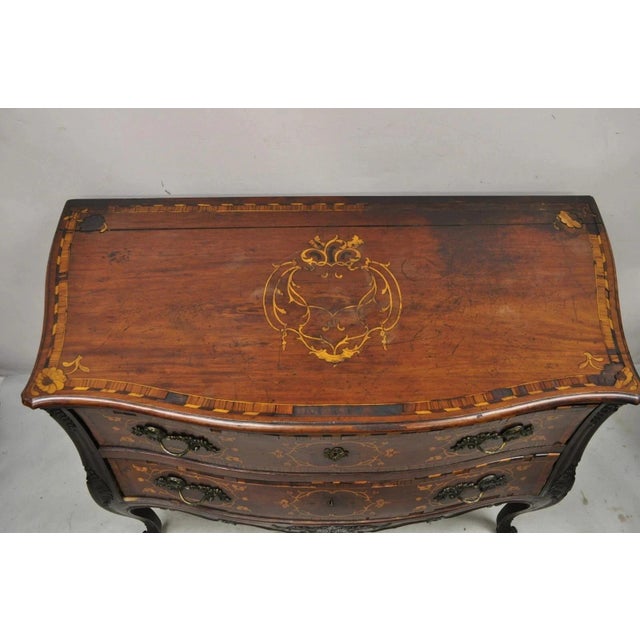 French Antique French Louis XV Style Marquetry Inlay Walnut Bombe Commode Chest Dresser For Sale - Image 3 of 12