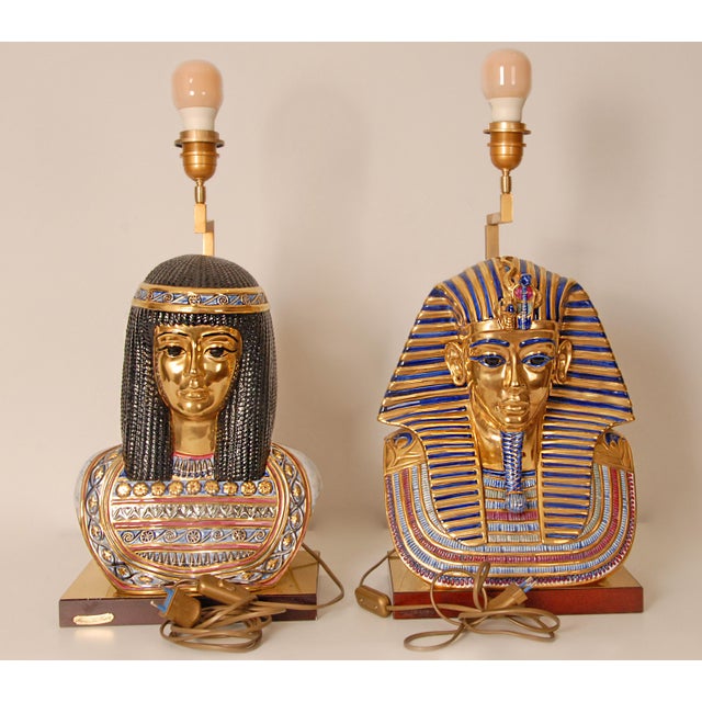 Italian Table Lamps Capodimonte Porcelain King Tut and Cleopatra Gold Lamps - A Pair For Sale - Image 16 of 17