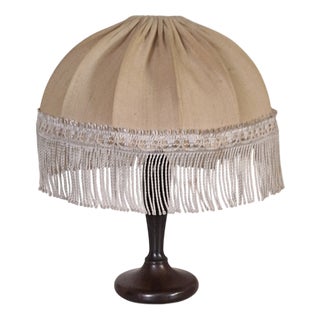 Vintage Table Lamp with Patinated Brass Base and Fringed Shade, 1980s For Sale