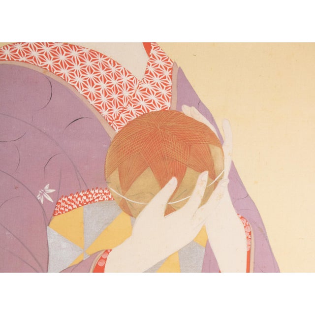 Wood "Beautiful Woman" by Gyokukajo, Japanese Silk Scroll Painting in Original Wooden Case For Sale - Image 7 of 18