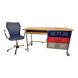 1990s Vintage Pottery Barn Three Drawer Metal Frame Wood Top Desk With Casters and Chair For Sale