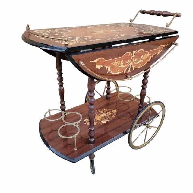 Mid 20th Century Vintage Italian Marquetry Two Tier Drop-Leaf Dessert/Bar Cart Trolley For Sale - Image 5 of 12