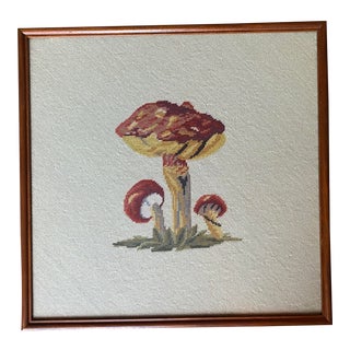 21” Square Oversized Vintage Wool Needlepoint Mushroom, Framed For Sale