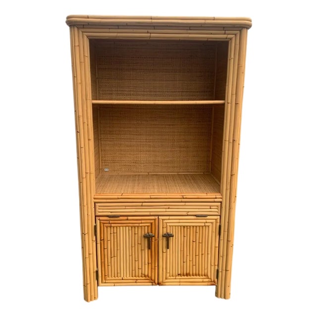 Vintage Split Reed Bamboo Coastal Cabinet For Sale