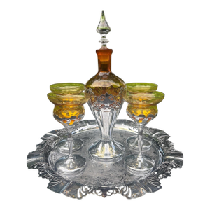 1930s Art Deco Chrome Amber Yellow Glass Decanter & Cordial Set W/Tray