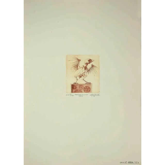 The cuckoo clock is an original etching print realized by Leo Guida in 1971. Hand-signed on the lower right and dated in...