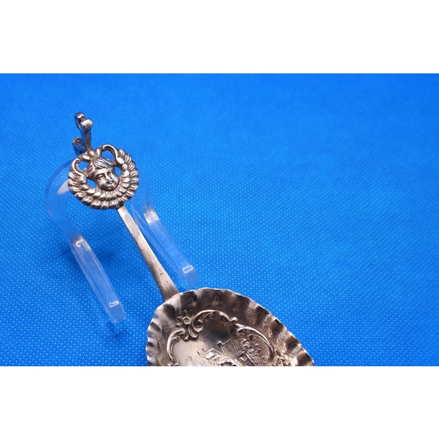 Baroque Antique Silver German Hanau Dancing Couple W Dog & Cherub Tea Caddy Sauce or Gravy Spoon For Sale - Image 3 of 10