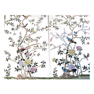Luxury Hand Painted Champagne Silver Wallpaper With Birds & Floral Branches, Elegant Chinoiserie Botanical Wall Mural, Custom Oriental Wallcovering For Sale