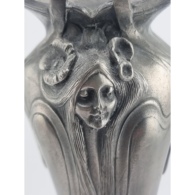 Antique Pewter Art Nouveau Vase Tin Woman Flowers For Sale - Image 8 of 16