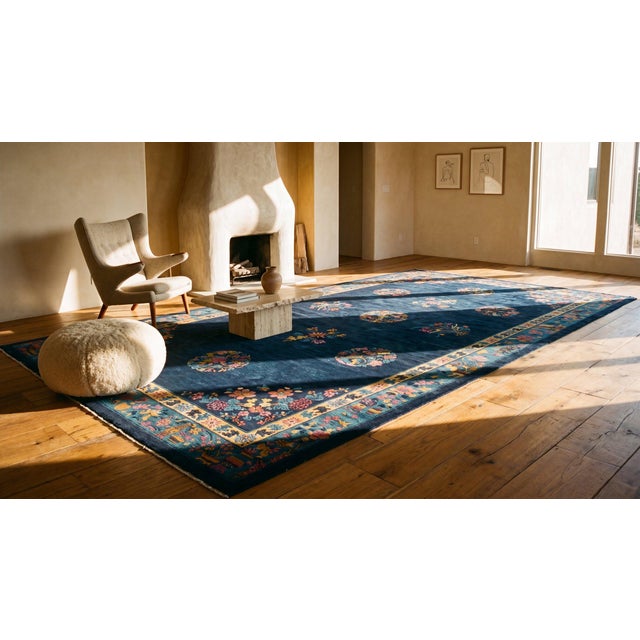 Majestic Navy Blue Color With Great Floral Design Chinese Art Deco Rug For Sale - Image 13 of 15