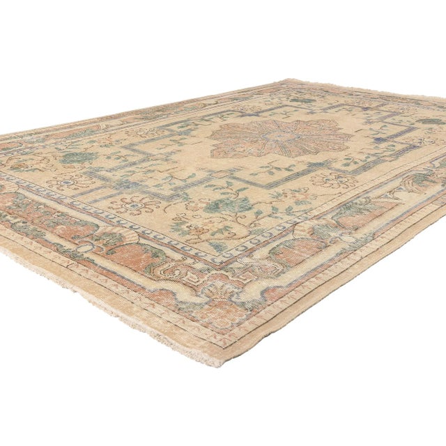 50869 Distressed Vintage Turkish Sivas Rug, 07'03 x 11'03. Steeped in history and woven with masterful artistry, this...