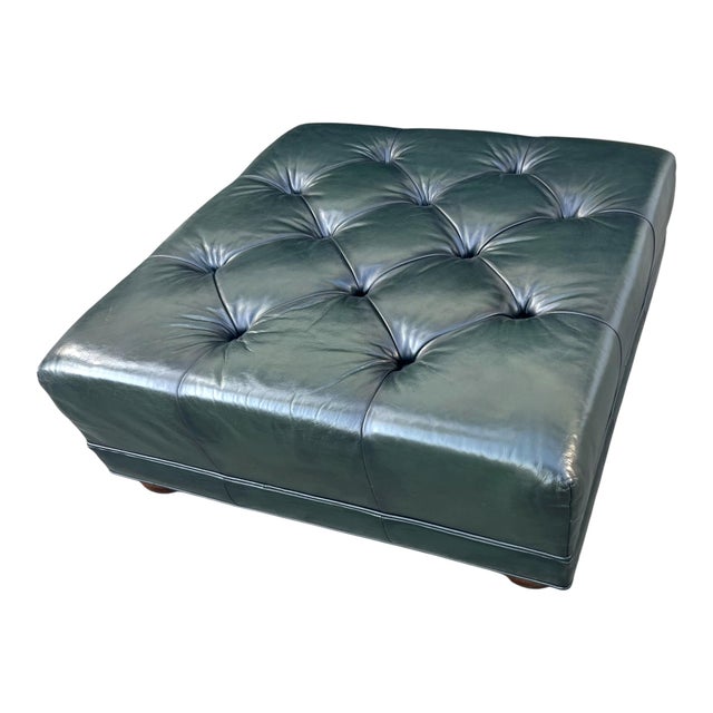 Dark Green Vintage Deep Green Tufted Leather Ottoman For Sale - Image 8 of 11