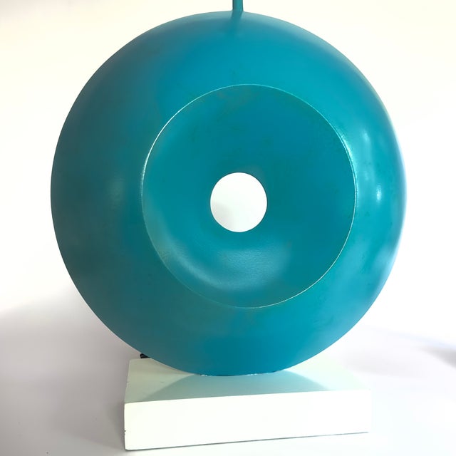 Wood Postmodern Sculptural Saturated Turquoise Table Lamps - A Pair For Sale - Image 7 of 14